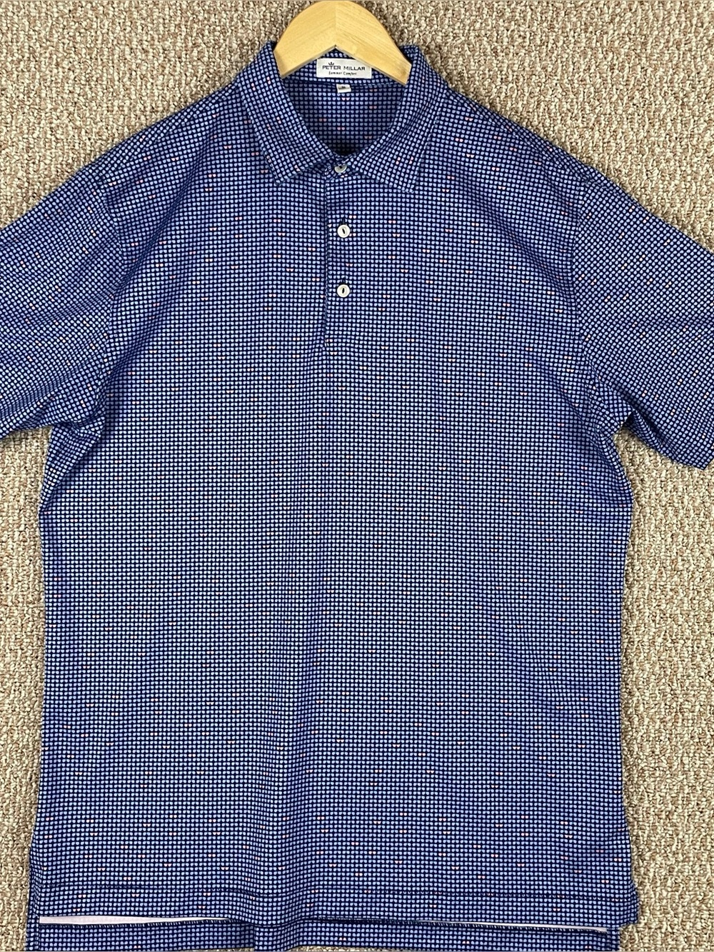 Peter Millar Summer Comfort Polo Shirt Medium Blue Geometric Abstract Golf D17